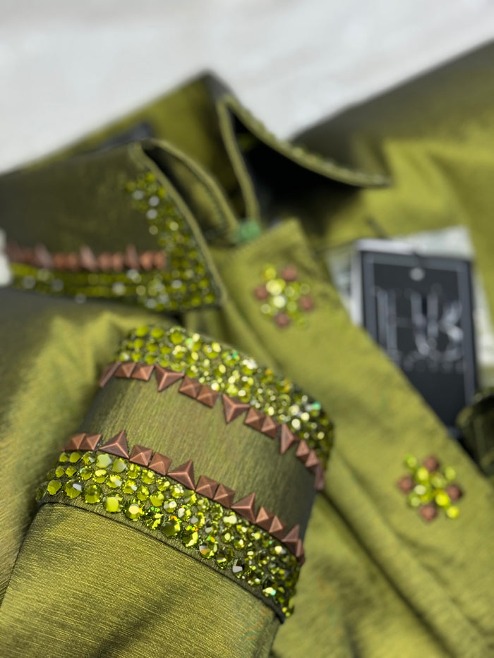 GLITZY Bright Olive Green Stretch Taffeta Day Shirt