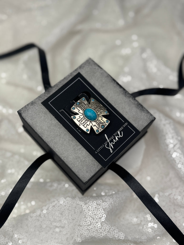 Silver Southwestern Cross w/ Turquoise Necktie Magnet 1042