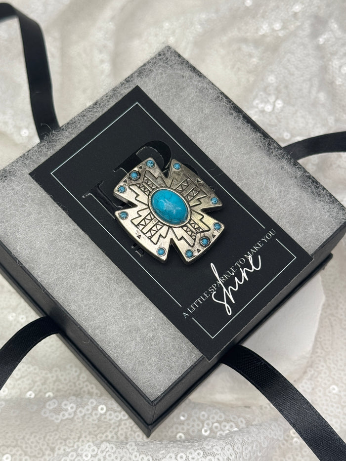 Silver Southwestern Cross w/ Turquoise Necktie Magnet 1042