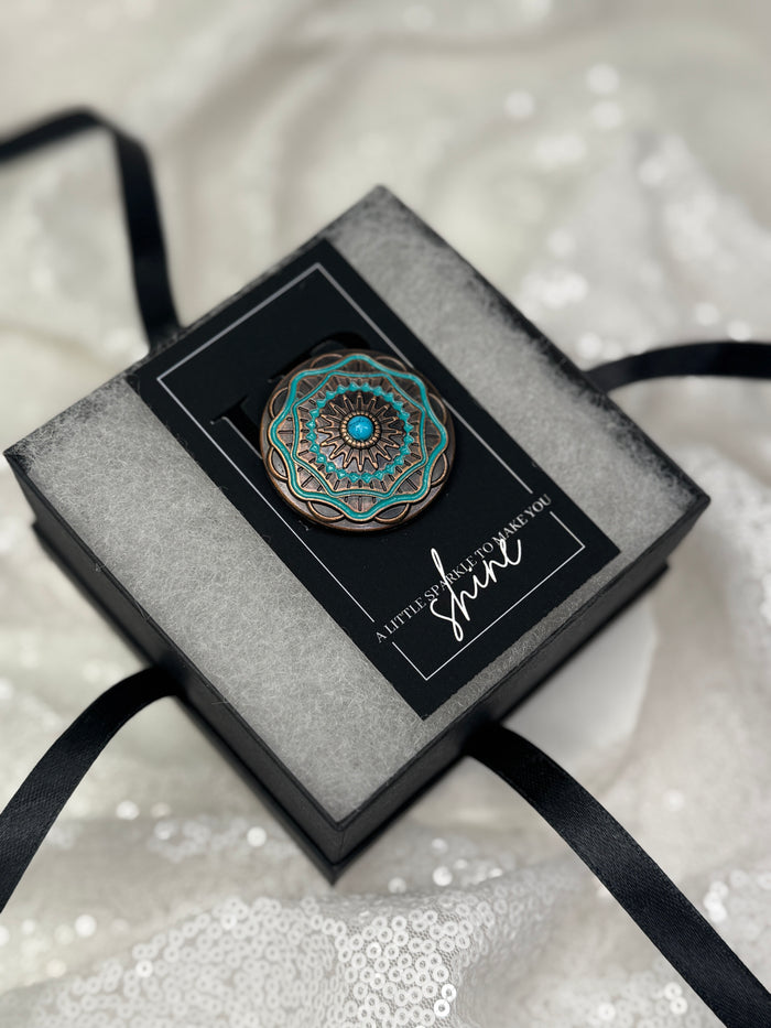 Antique Copper and Turquoise Aztec Circle Concho Necktie Magnet 1046