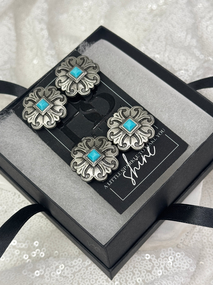 Antique Silver & Turquoise Floral Cross Concho Number Magnets 1039
