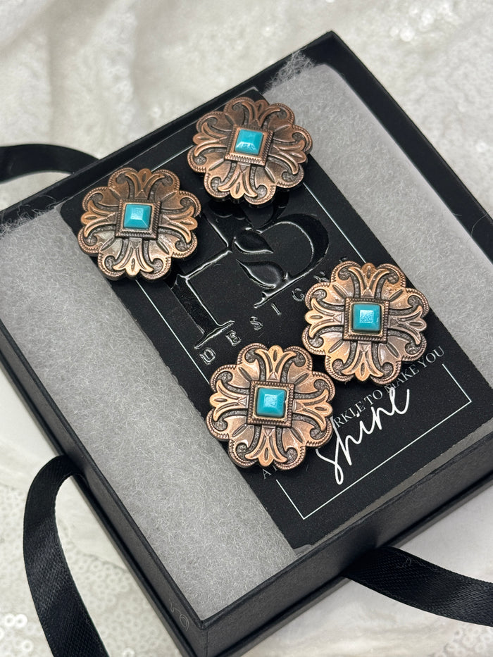 Antique Copper & Turquoise Floral Cross Concho Number Magnets 1038