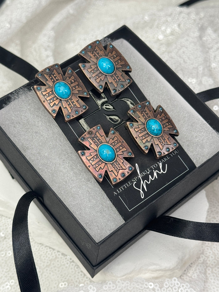 Southwestern Antique Copper & Turquoise Cross Concho Number Magnets 1061