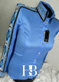 GLAM SOUTHWESTERN Black, Blue, Aqua, Periwinkle and Grey Stretch Taffeta Day Shirt