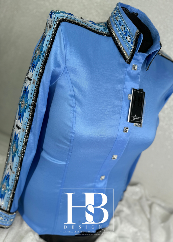 GLAM SOUTHWESTERN Black, Blue, Aqua, Periwinkle and Grey Stretch Taffeta Day Shirt