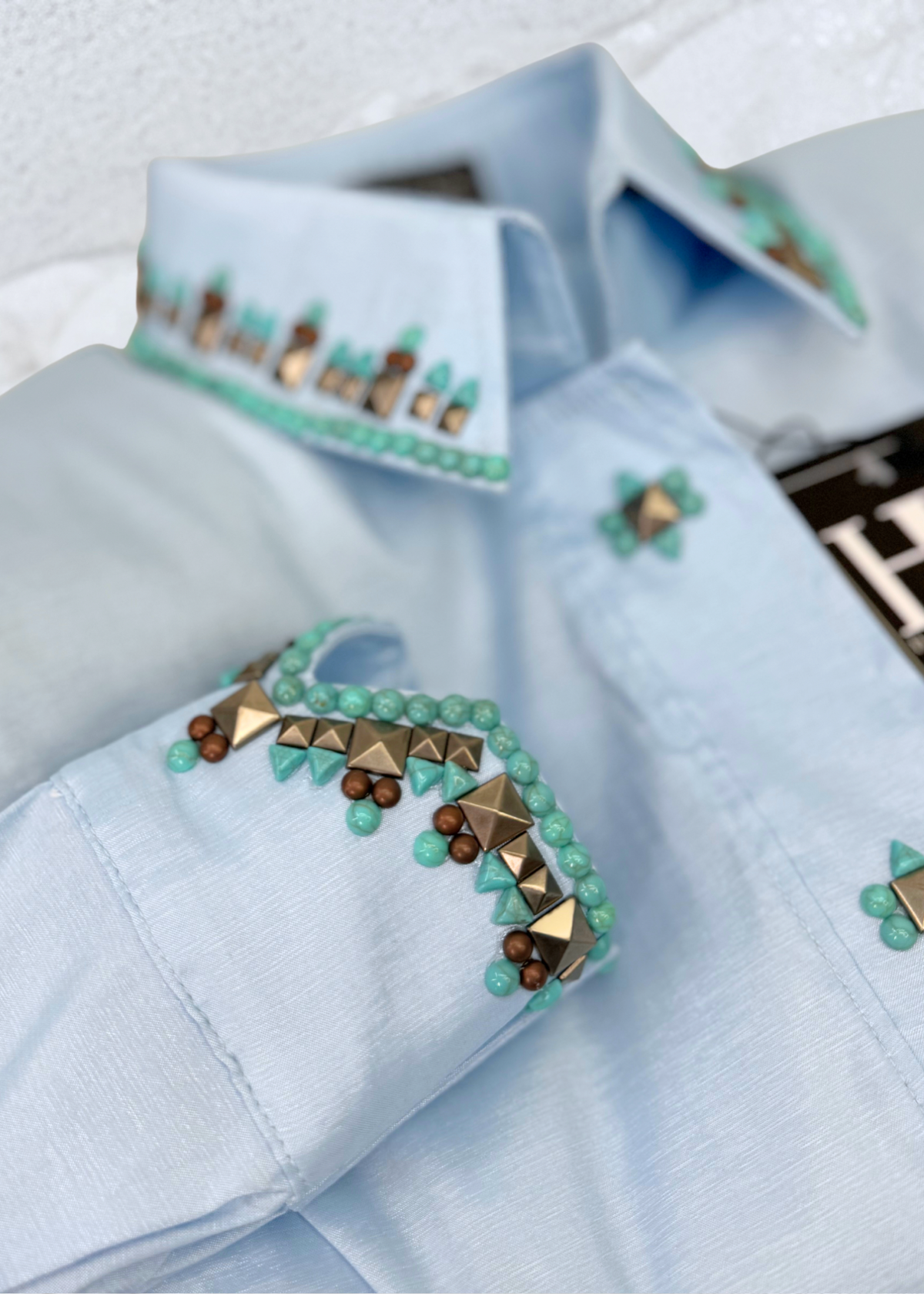 SIMPLY SOUTHWESTERN Icey Blue, Copper, Silver, and Turquoise Stretch Taffeta Day Shirt