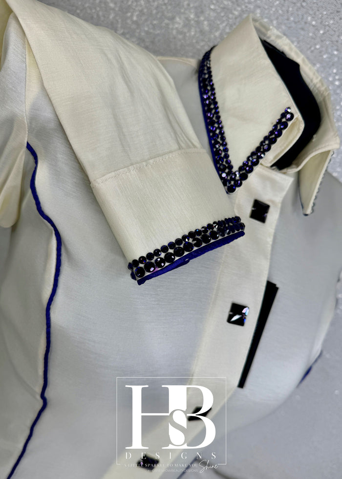 SIMPLY Off White with Purple Piping Stretch Taffeta Day Shirt