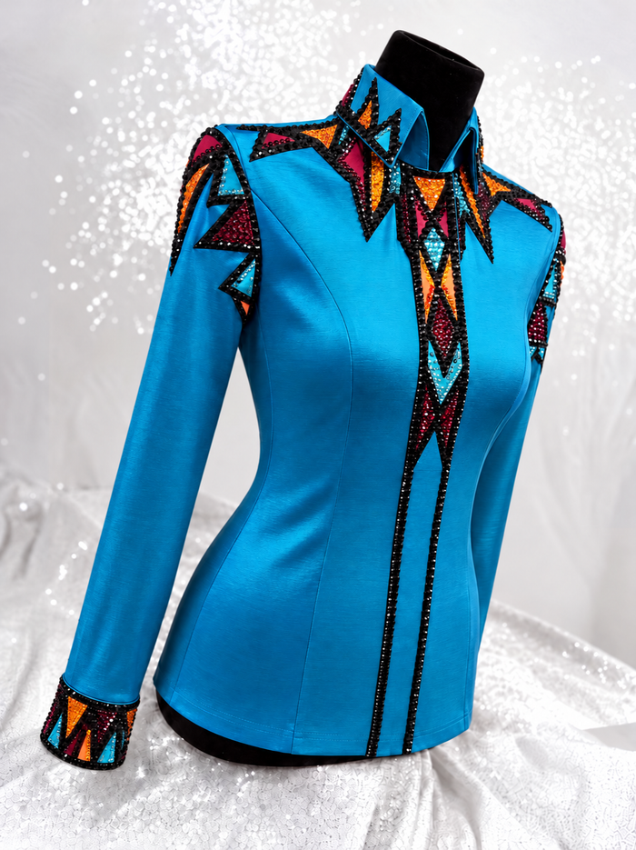 GLAM Iridescent Teal w/ Orange, Red & Aqua Stretch Taffeta Day Shirt 1533