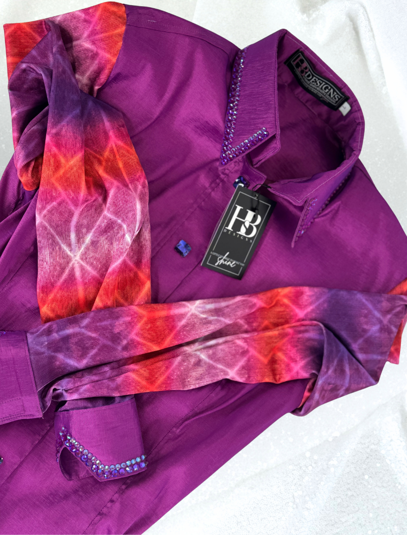 SIMPLY Electric Magenta w/ Red and Purple Contrast Sleeves Stretch Taffeta Day Shirt 1382