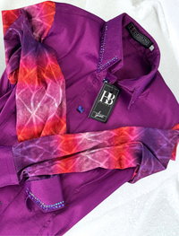 SIMPLY Electric Magenta w/ Red and Purple Contrast Sleeves Stretch Taffeta Day Shirt 1382