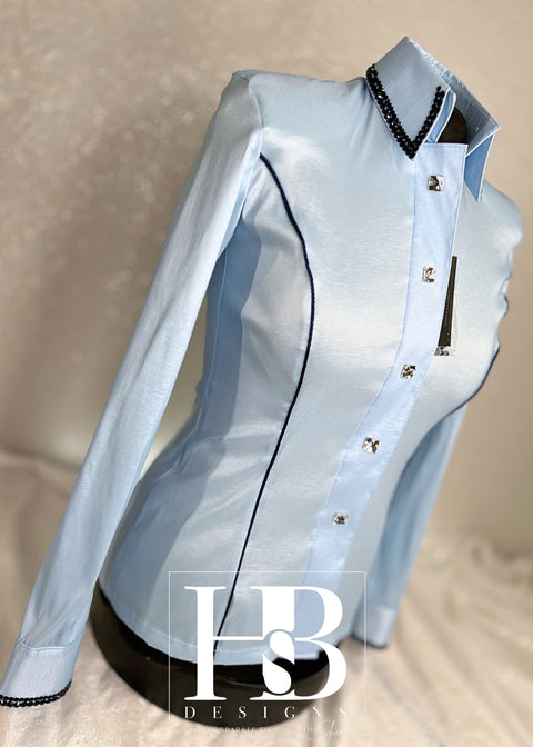 SIMPLY Icey Blue Taffeta Day Shirt w/ Navy Piping