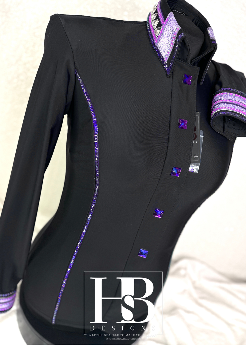 LUXE Black & Purple Spandex Day Shirt w/ Crystal Piping