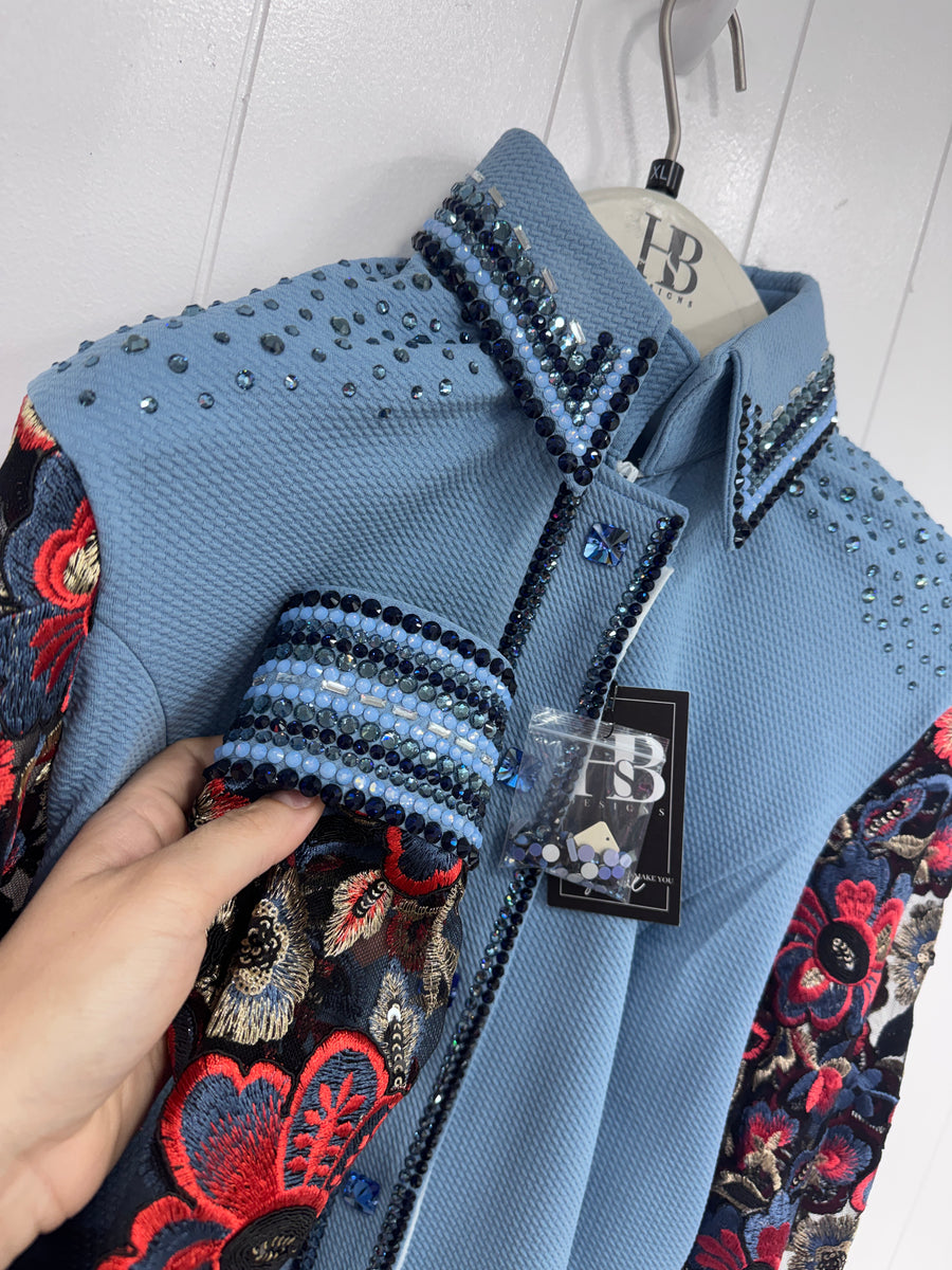 GLAM BREEZY Steel Blue Bullet Spandex w/ Persimmon, Navy, Black and Champagne Day Shirt 1497