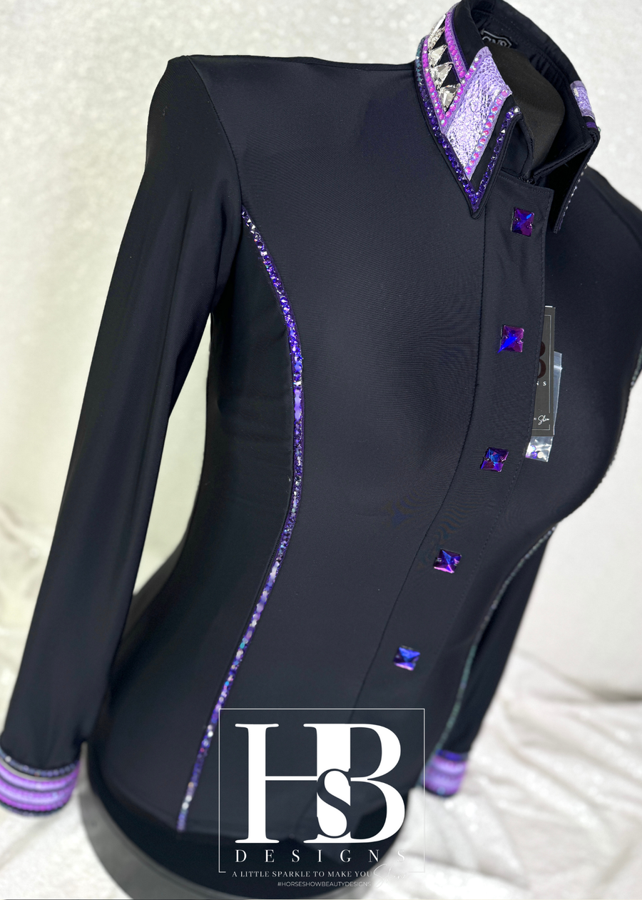 LUXE Black & Purple Spandex Day Shirt w/ Crystal Piping 1193