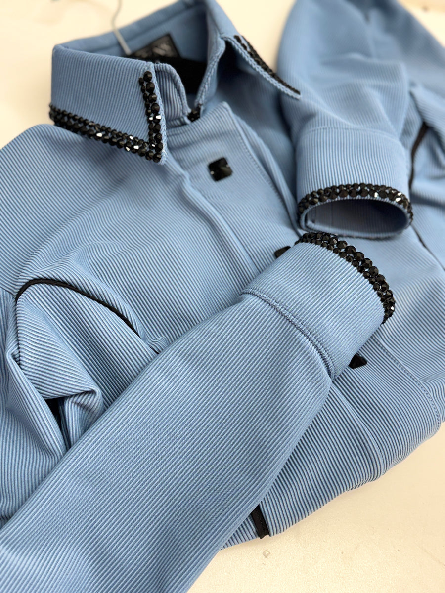 SIMPLY Steel Blue Textured Ribbed Spandex w/ Black Piping Day Shirt 1029