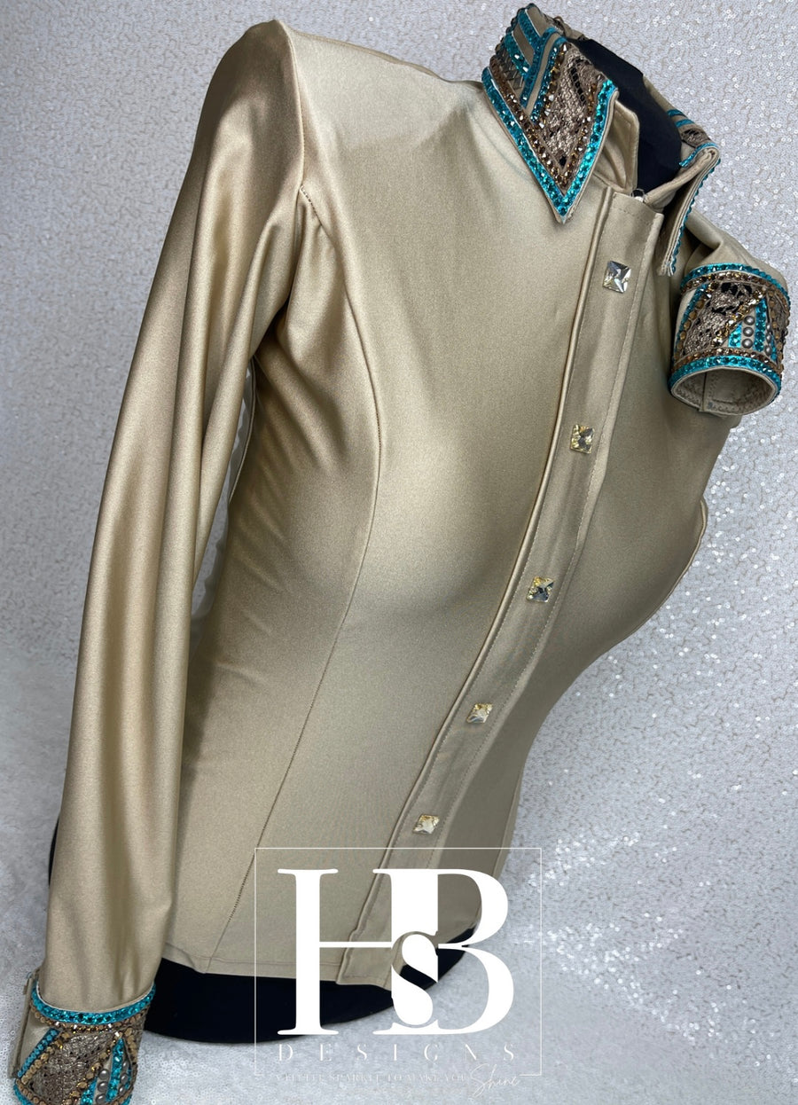 LUXE Tan, Chocolate & Turquoise Shiny Stretch Spandex Day Shirt 1163