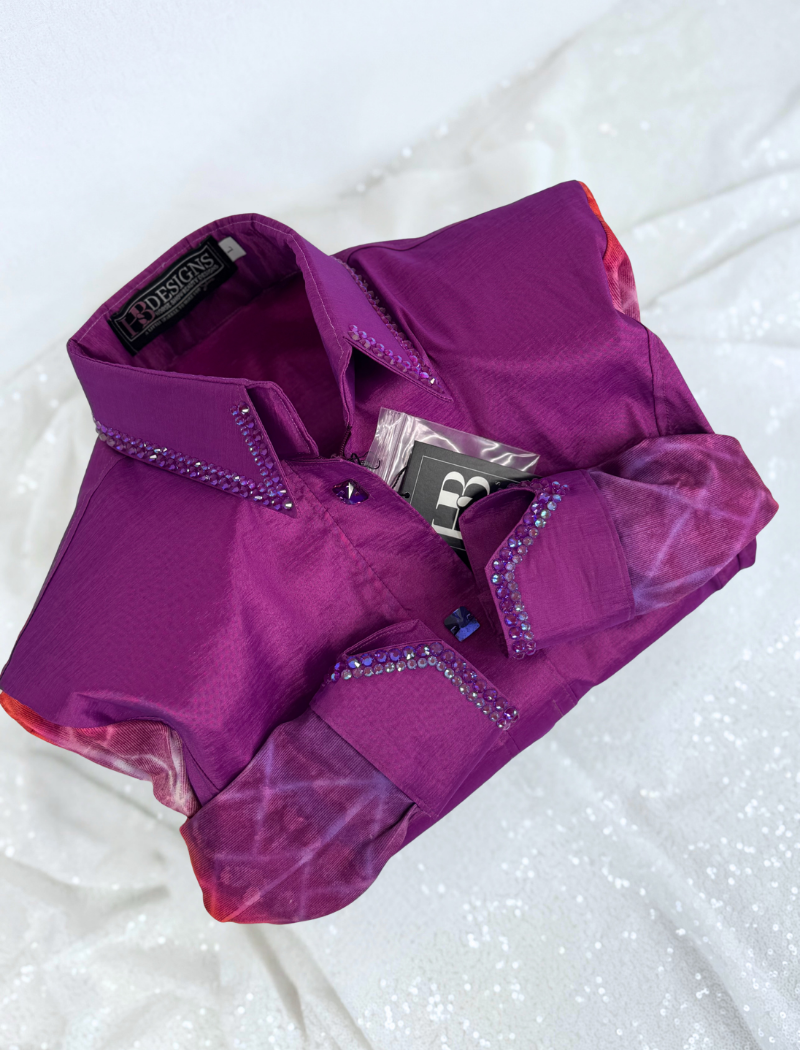 SIMPLY Electric Magenta w/ Red and Purple Contrast Sleeves Stretch Taffeta Day Shirt 1382