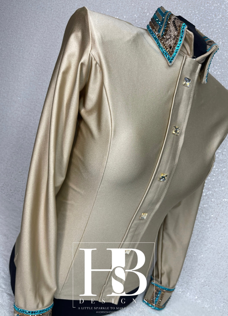 LUXE Tan, Chocolate & Turquoise Shiny Stretch Spandex Day Shirt