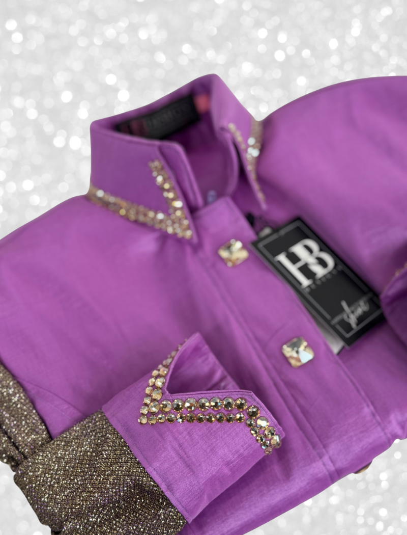 SIMPLY Orchid w/ Gold Contrast Sleeves Stretch Taffeta Day Shirt 1385