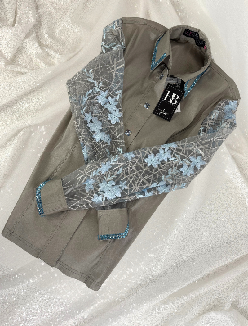 SIMPLY BREEZY Silver w/ Aqua Stretch Taffeta Day Shirt 1381