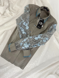 SIMPLY BREEZY Silver w/ Aqua Stretch Taffeta Day Shirt 1381
