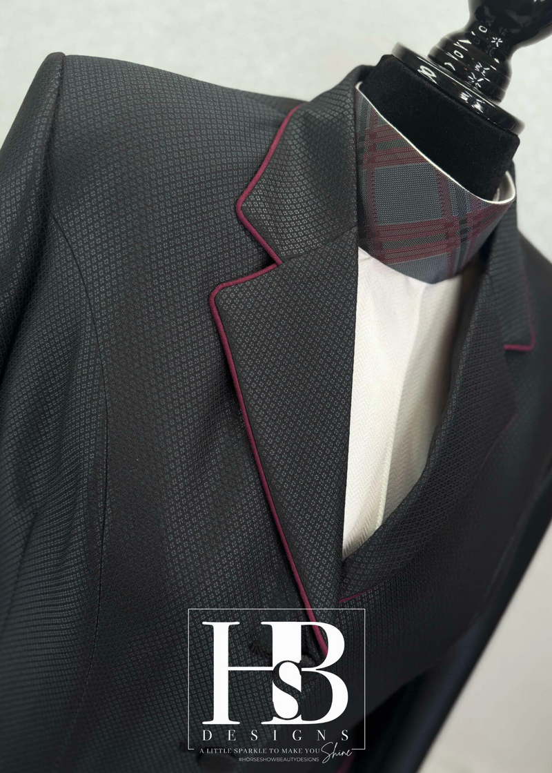 TAILORED Black Pique w/ Burgundy Accents Hunt Coat #1002 XXL TAILORED Black Pique w/ Burgundy Accents Hunt Coat #1002 XXL