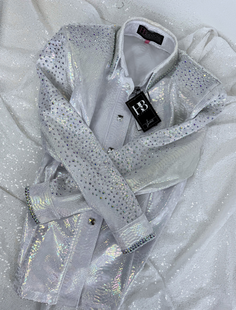 SIMPLY + White Snakeskin Stretch Spandex Day Shirt 1389