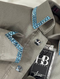 SIMPLY BREEZY Silver w/ Aqua Stretch Taffeta Day Shirt 1381