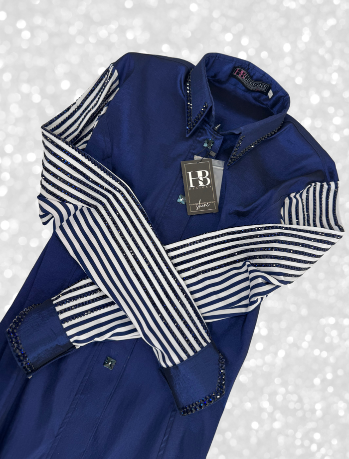 SIMPLY+ Deep Navy w/ Striped Sleeves Stretch Taffeta Day Shirt 1387