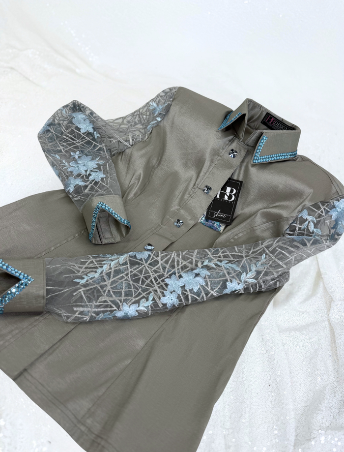 SIMPLY BREEZY Silver w/ Aqua Stretch Taffeta Day Shirt 1381
