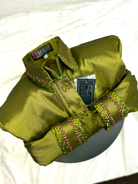 GLITZY Olive Green Stretch Taffeta Day Shirt