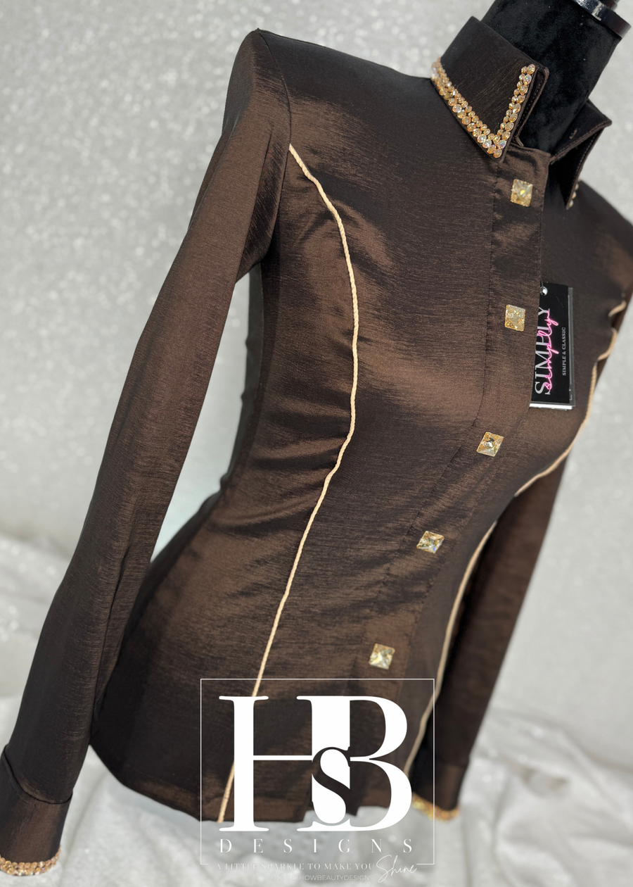 SIMPLY Deep Chocolate Brown & Gold Stretch Taffeta Day Shirt 1114