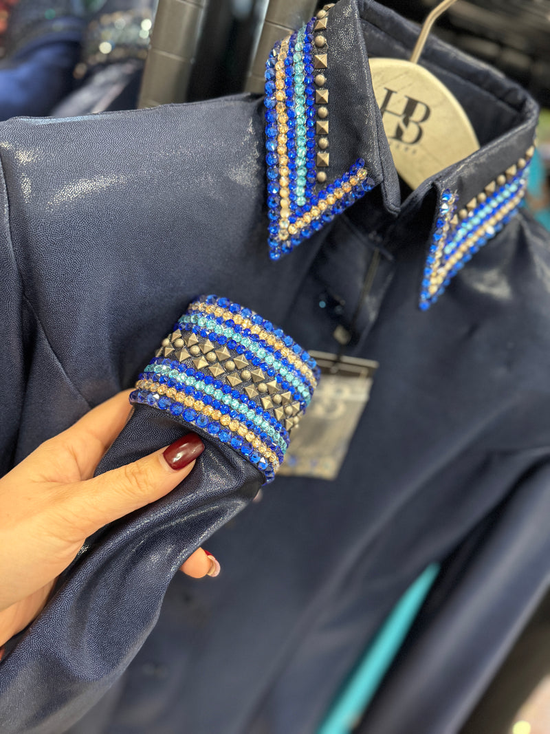 GLITZY Navy Blue Melted Metals Stretch Day Shirt 1377