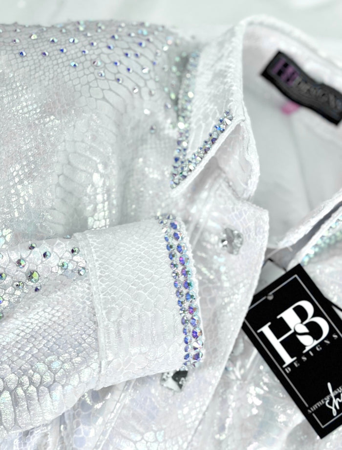 SIMPLY + White Snakeskin Stretch Spandex Day Shirt 1389