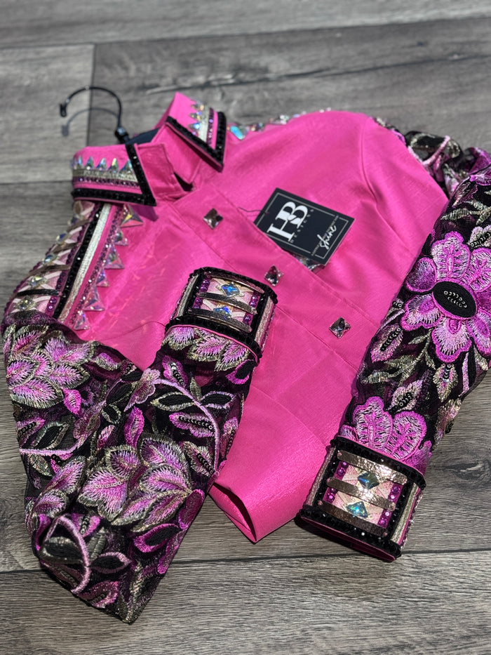 GLAM BREEZY Hot Pink, Fuchsia, Black & Champagne Stretch Taffeta Day Shirt 1415
