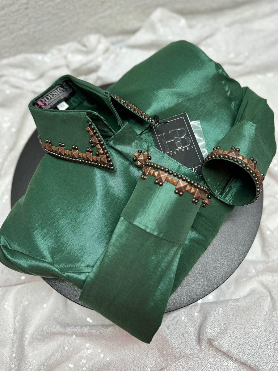 SIMPLY SOUTHWESTERN Hunter Green and Copper Stretch Taffeta Day Shirt 1042