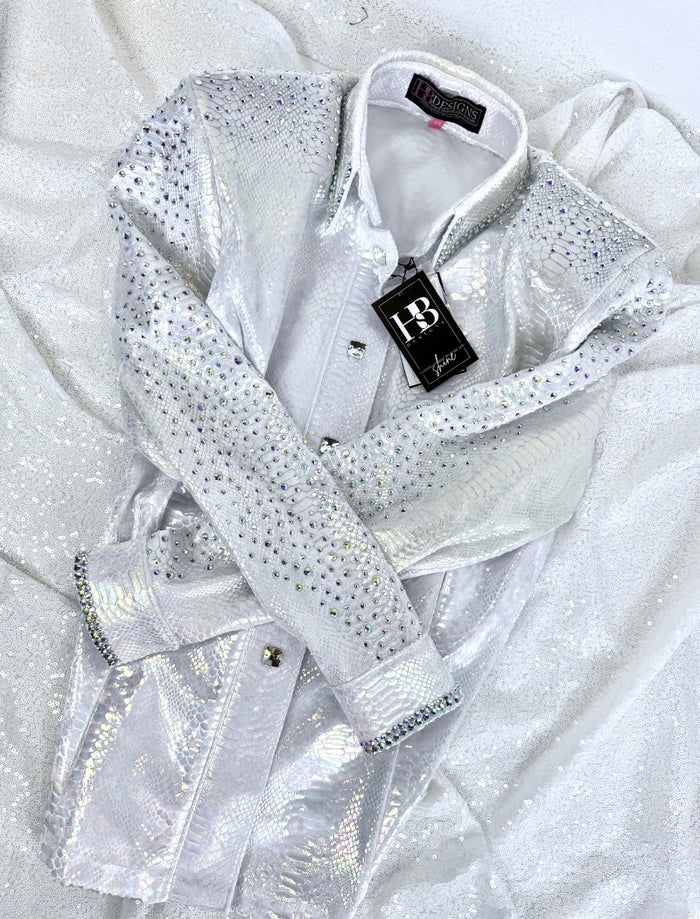 SIMPLY + White Snakeskin Stretch Spandex Day Shirt 1389