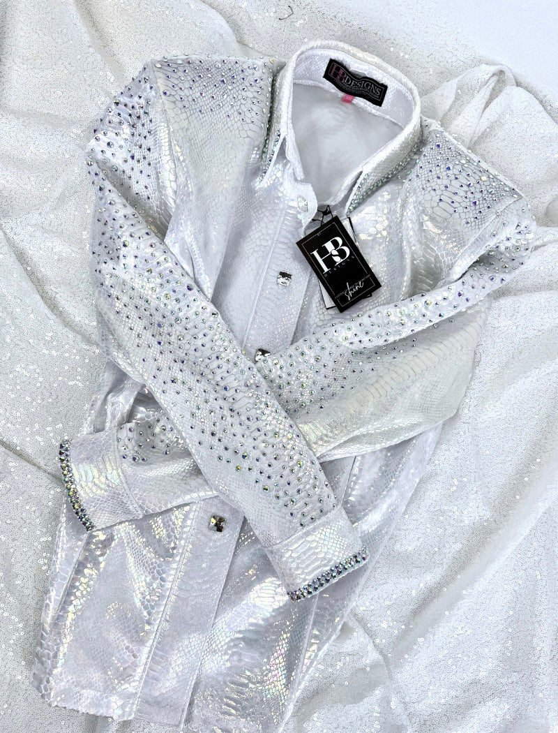 SIMPLY + White Snakeskin Stretch Spandex Day Shirt 1389