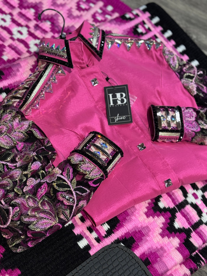 GLAM BREEZY Hot Pink, Fuchsia, Black & Champagne Stretch Taffeta Day Shirt 1415