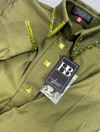 SIMPLY Bright Olive Green Shiny Spandex Day Shirt