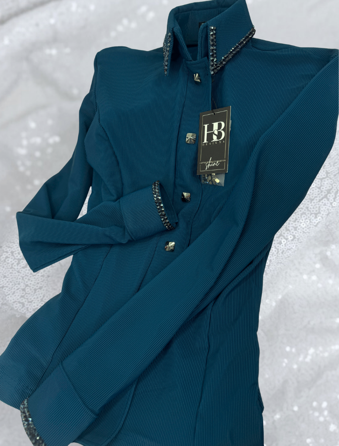 SIMPLY Teal Marine Textured Ribbed Spandex Day Shirt