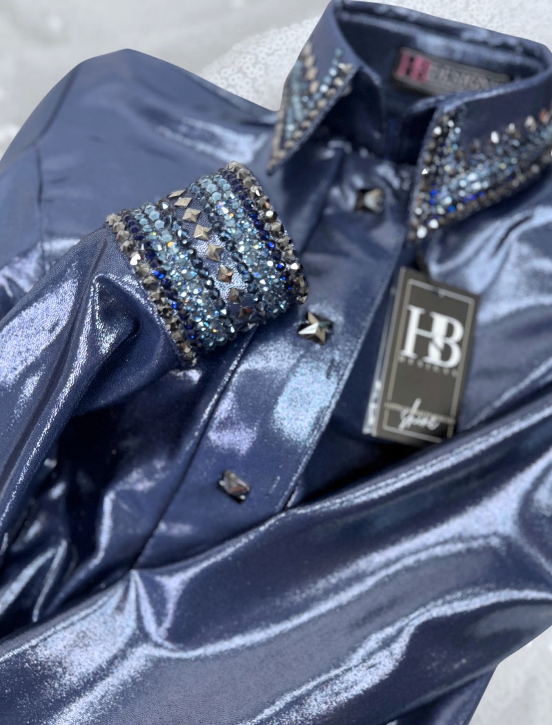 GLITZY Steel Blue w/ Navy, Gunmetal and Blue Melted Metals Stretch Day Shirt 1204