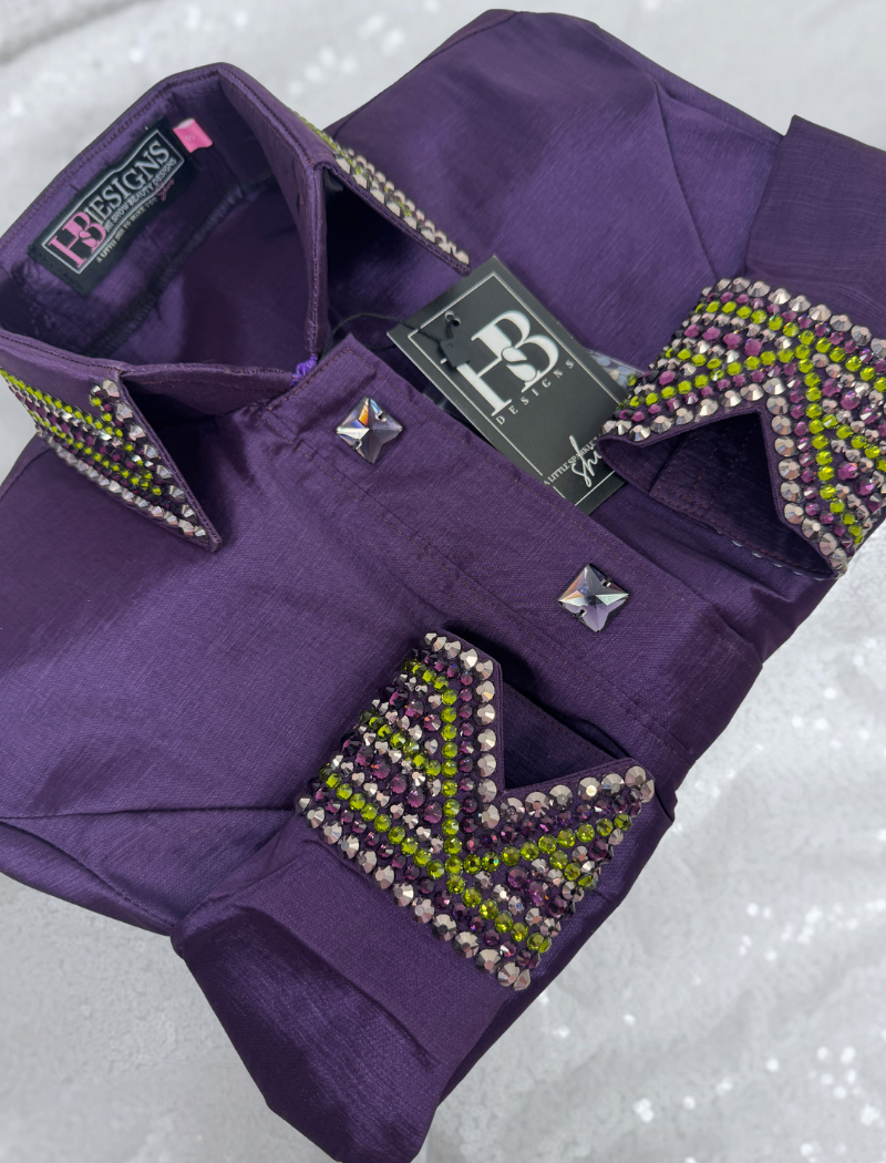 GLITZY Eggplant w/ Olive Green Stretch Taffeta Day Shirt 1496