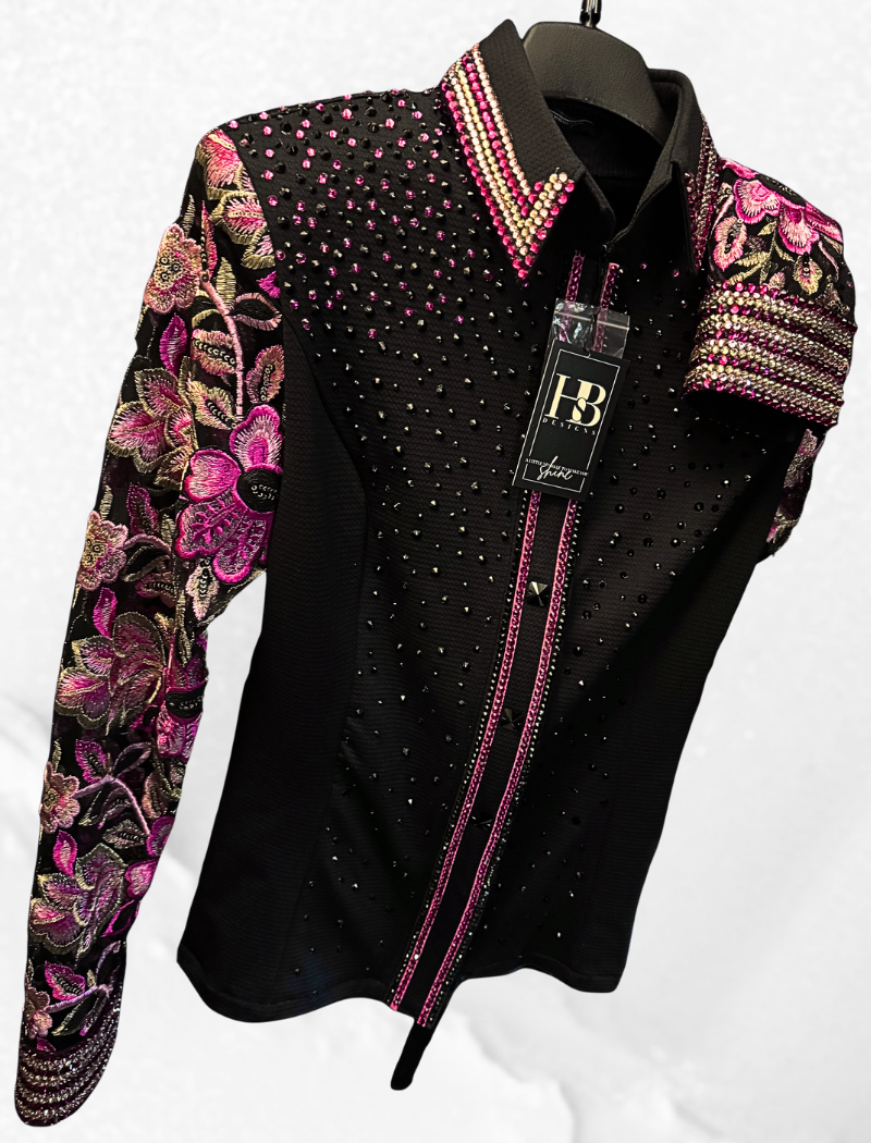GLITZY BREEZY Black Textured Compression Spandex w/ Fuchsia, Black & Champagne Day Shirt 1498