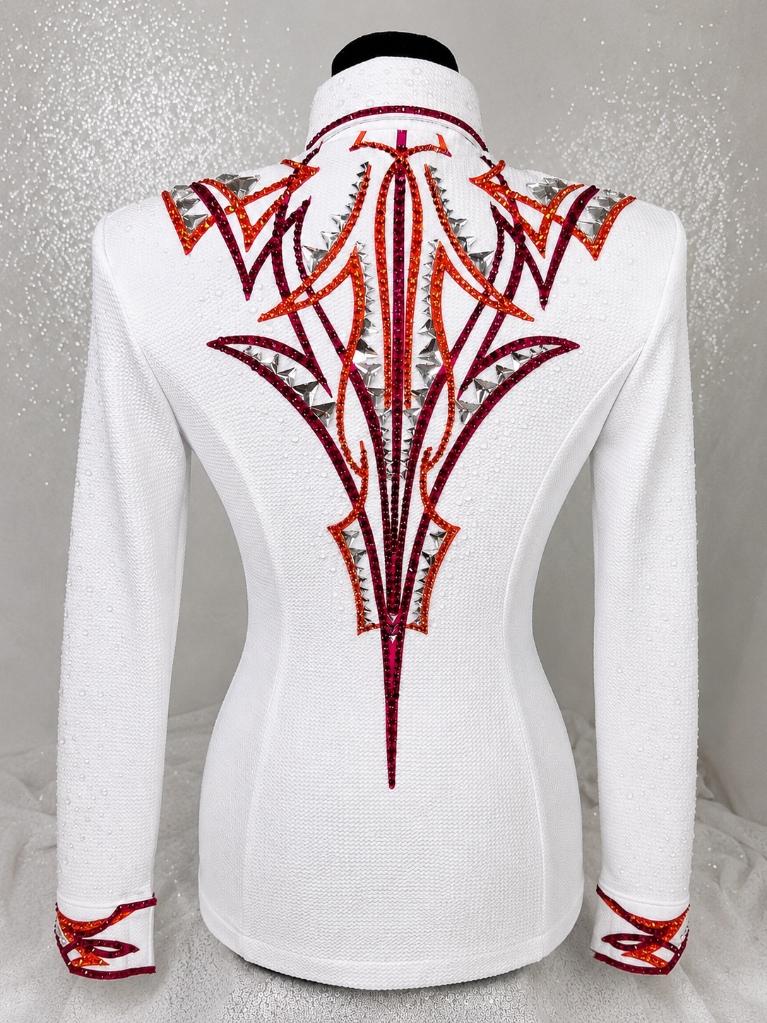 GLAM White w/ Pink and Orange Textured Bullet Spandex Day Shirt 1501