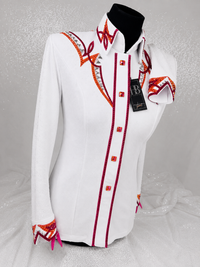 GLAM White w/ Pink and Orange Textured Bullet Spandex Day Shirt 1501