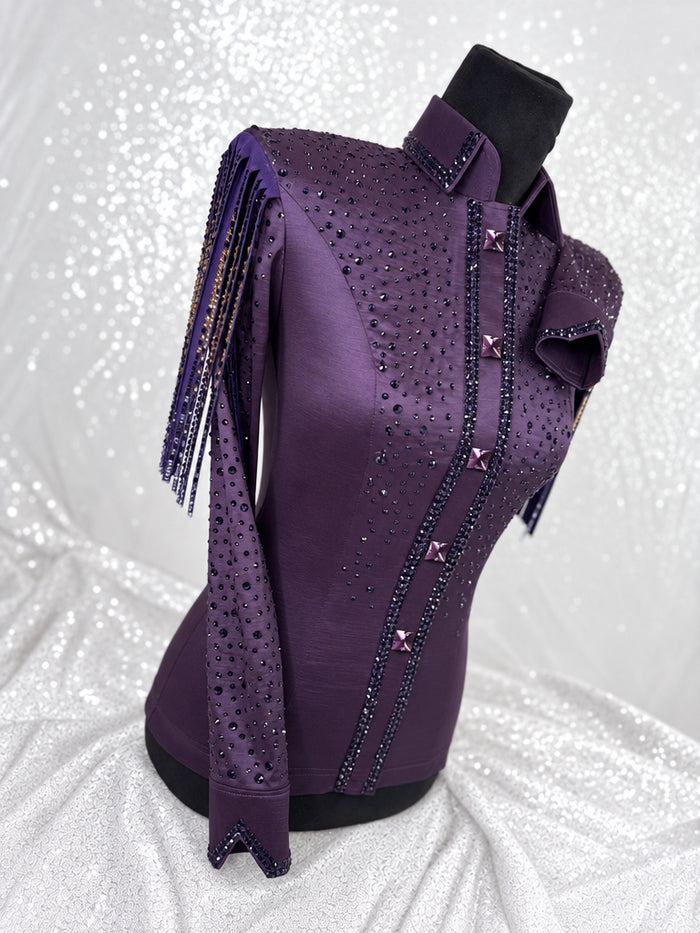 Product photo of *FLASH-SALE* SIMPLY+ Eggplant w/ Gold & Lavender Fringe Stretch Taffeta Day Shirt — Item 1524