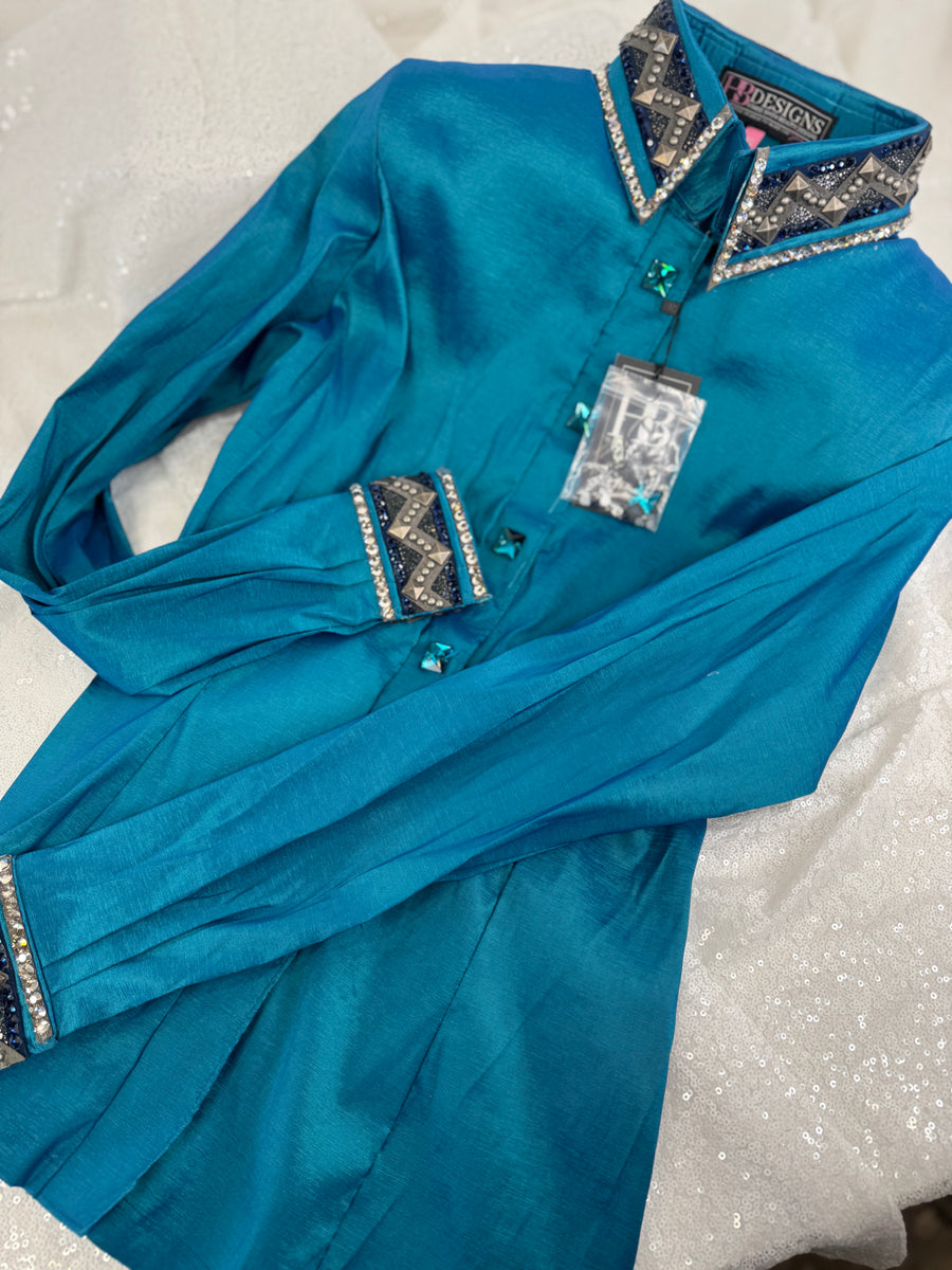 LUXE Iridescent Teal w/ Grey & Navy Stretch Taffeta Day Shirt 1177