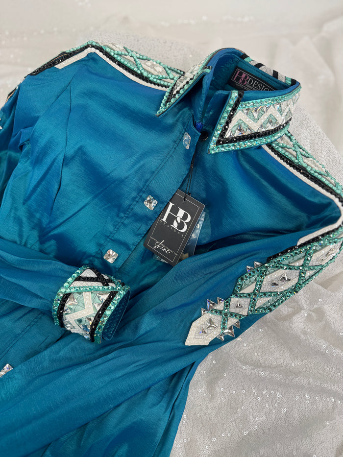 GLAM Iridescent Teal w/ Seafoam/Mint, Black and White Stretch Taffeta Day Shirt