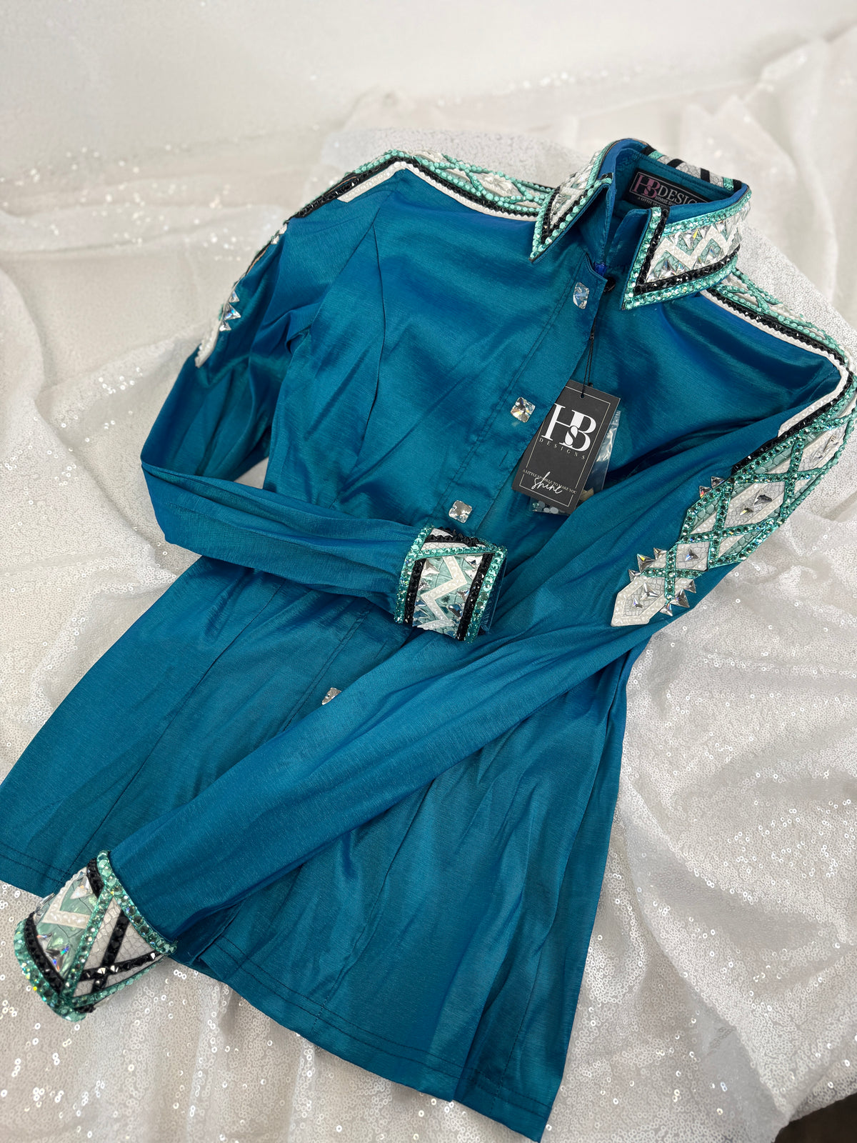 GLAM Iridescent Teal w/ Seafoam/Mint, Black and White Stretch Taffeta Day Shirt